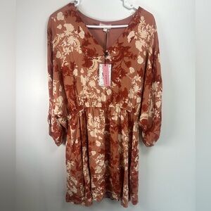 ANDREE BY UNIT Floral Mini Dress in Orange and Cream Size Large Boho Western